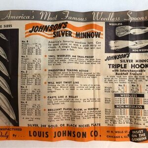 Vintage 1940’s Louis Johnson Co. Fishing Weedless Spoon Lure Print Ad